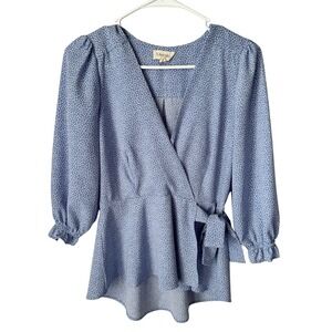 Meraki Blue Polka Dot Wrap Blouse V-Neck Puff Sleeve Peplum Top Small
